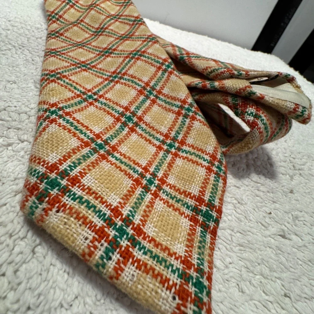 Vintage Bert Pulitzer Tie Orange Green Plaid Wool Linen Heritage Ivy League